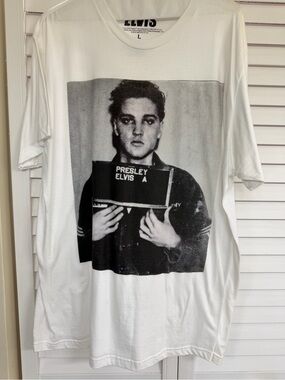 ELVIS PRESLEY T SHIRT White Short-Sleeve Tee with Black Presley Mugshot Graphic